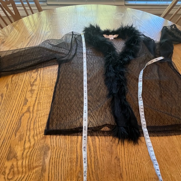 Victoria's Secret Black Sheer Lace Open Jacket Top Feather Boa Trim M/L Y2K Era? - Picture 4 of 11